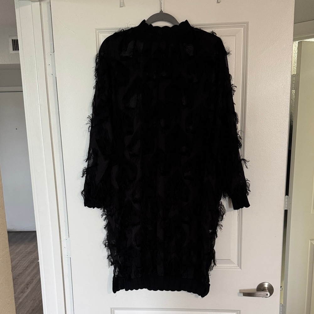 Black Long-Sleeve Fringe Texture Women's Dress